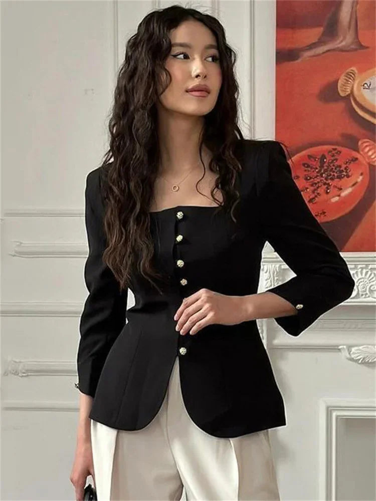 nvxiot - Autumn Square Collar Outwear Female Elegant Commute Cropped Long Sleeve Streetwear Patchwork Cardigan Solid Coat Ladies