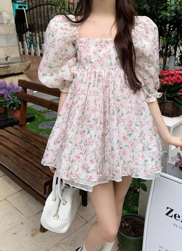 jinran Summer Women Dress Both-Sides Wear Floral Print Chiffon Organza Dress Sexy Square Neck Puff Sleeve Party Prom Skirt Short Sweet