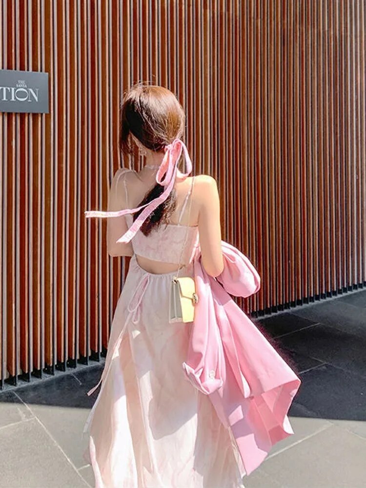 jinran - Summer Party Midi Elegant Dress Women Strap Sexy Design High Wasit Vintage Casual Dress Sleeveless Chiffon Sweet Dress