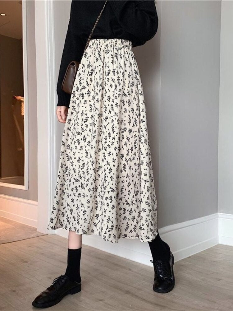 jinran - Vintage Floral Skirt Women High Waist A-line Mid-Calf Casual Skirt Korean Fashion Loose 2024 Spring Summer Female Outfit