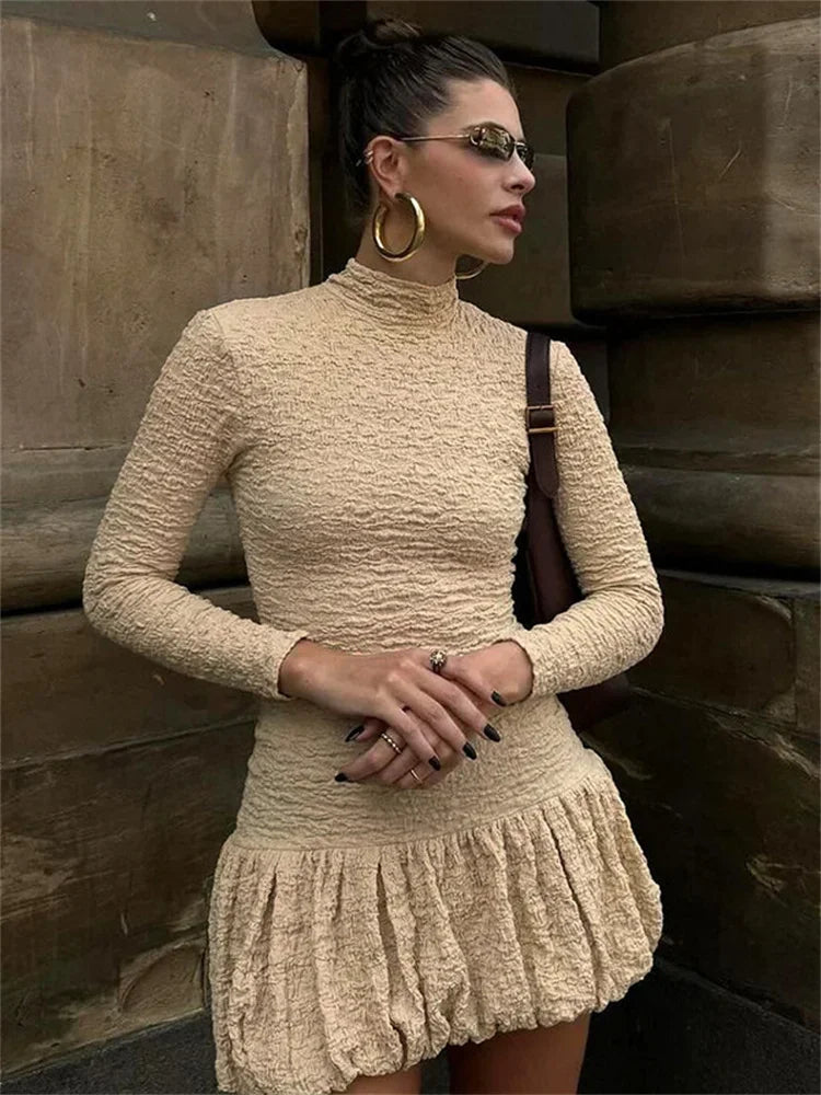 nvxiot - Autumn Patchwork Fashion Mini Dress Women's Pleated Slim High Street Skinny Party Dress Clothes Solid 2024 Female Dress