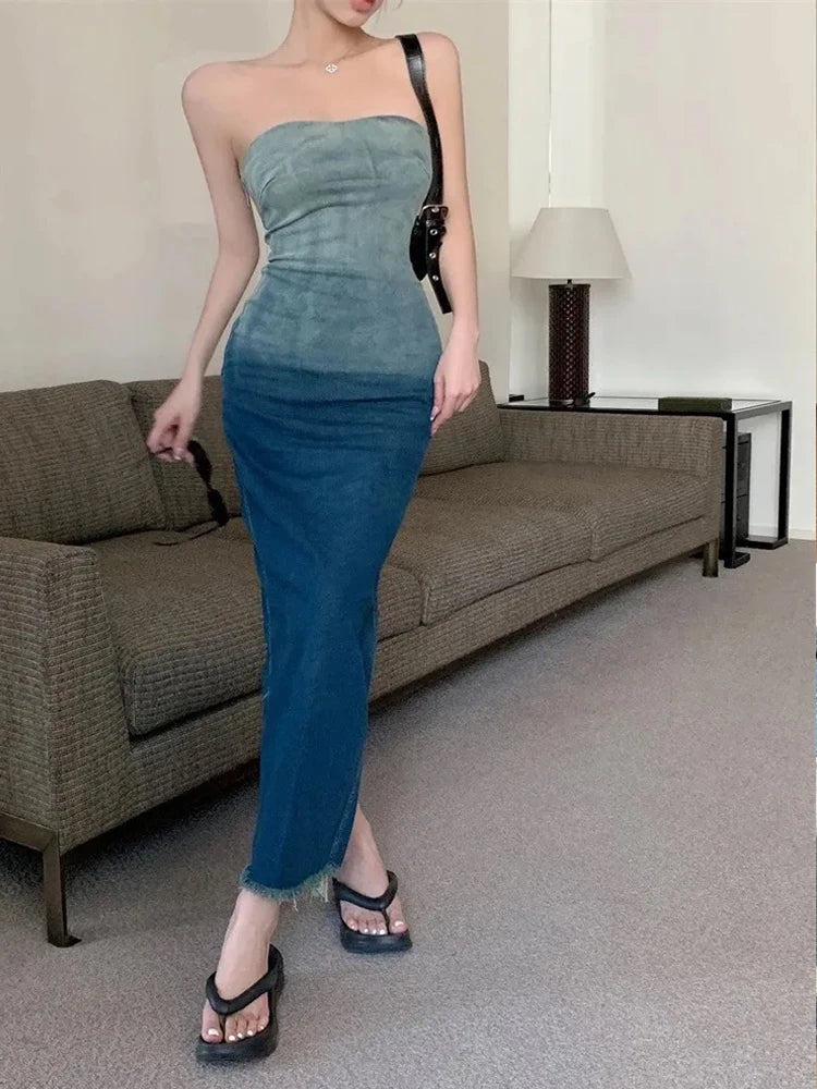 jinran Sexy Backless Zipper Split Dress Party Blue Denim Female Long Dress for Women Clothes Summer Gradient Bandeau Denim Dresses 2024