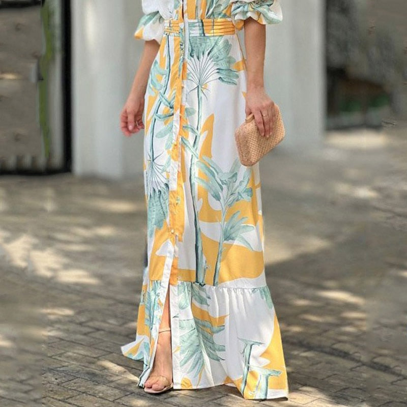 jinran Women Maxi Dress Summer Stylish Print Short Puff Sleeve V Neck Nipped Waist Slim Single Row Button Beach Party Dresses