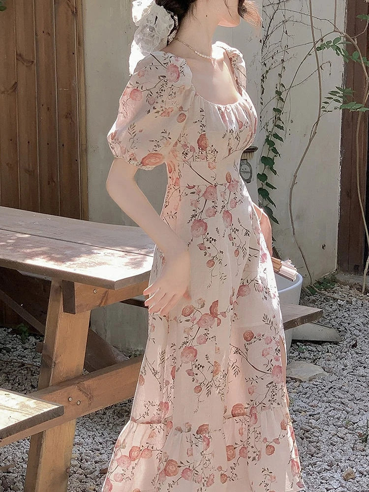 jinran French Elegant Vintage Dress Women Summer Short Sleeve Beach Style Floral Midi Dress Chic One Piece Dress Korea Women Party