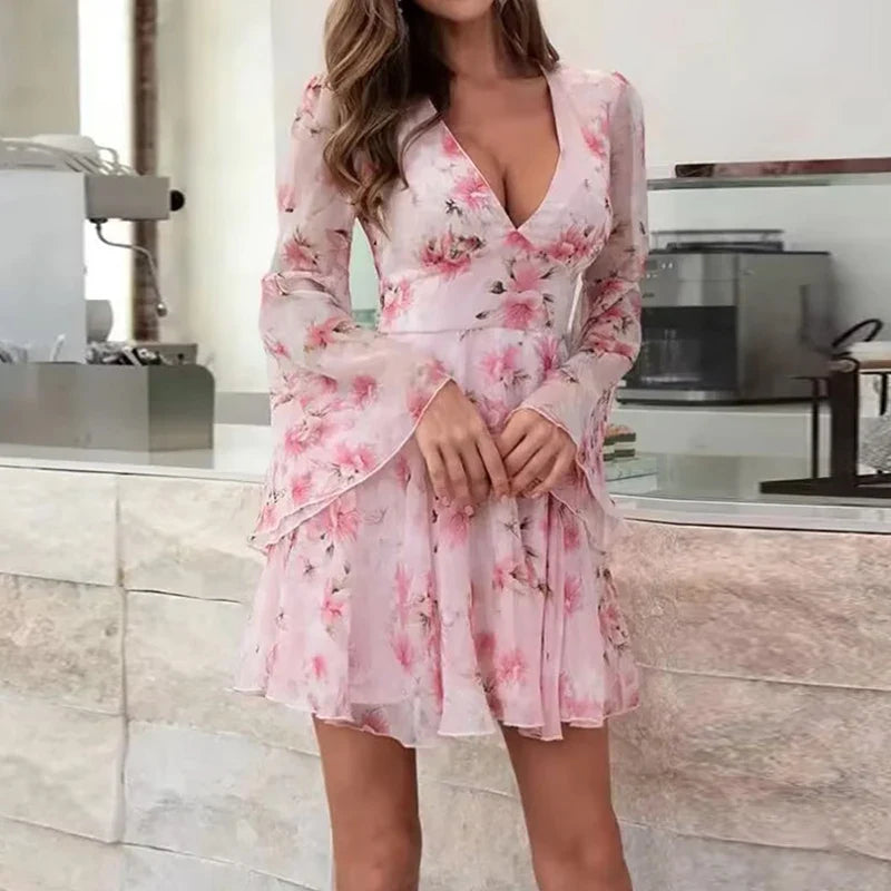 jinran Women Elegant Floral Print Hem A-Line Dress New Spring Sexy Deep V Neck Hollow Party Dress Summer Flare Sleeve Zipper Mini Dress