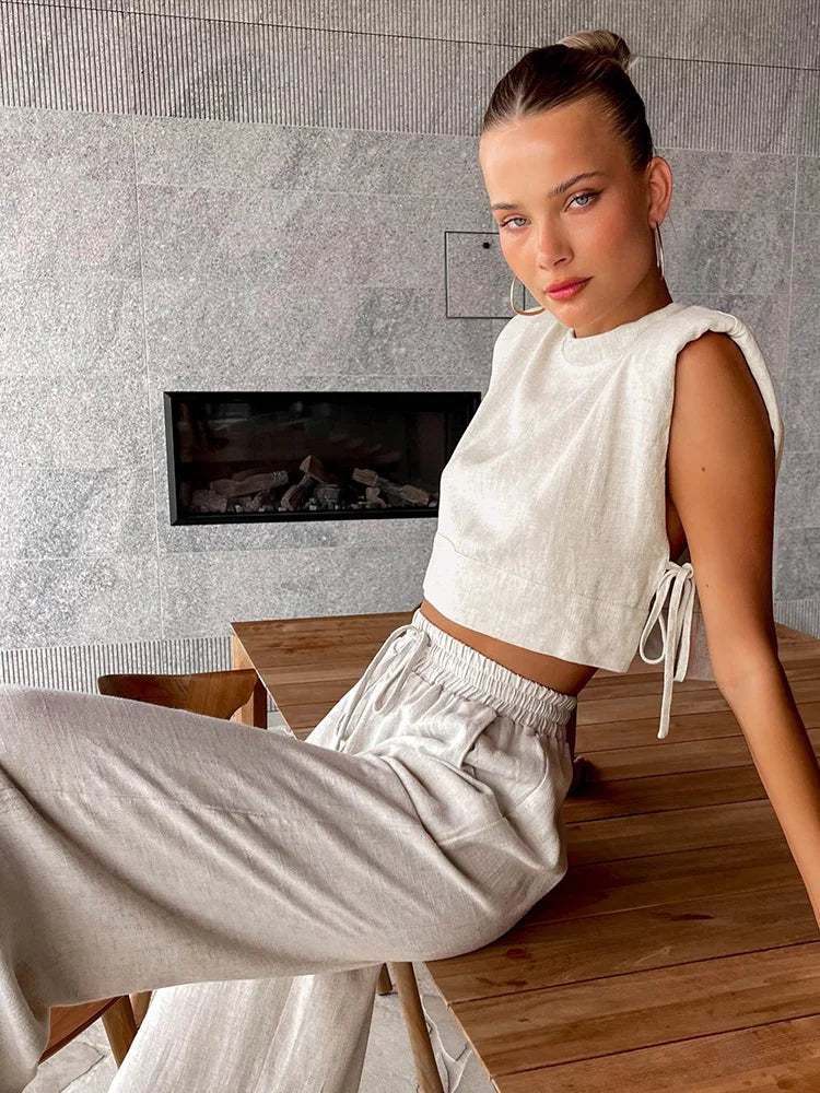 jinran Spring Summer 2024 Women Holiday Linen Pant Set Crop Tops Solid Outfits 2 Two Piece Matching Set For Women