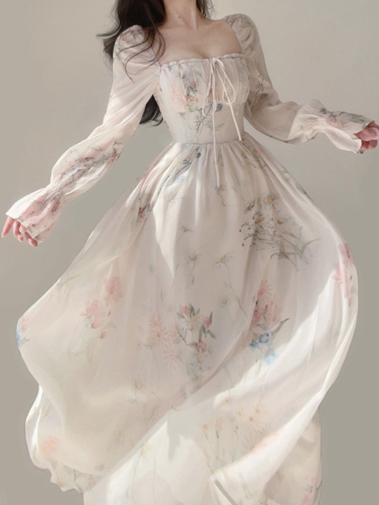 jinran Chiffon Elegant Floral Midi Dress Woman Party Beach Style Long Sleeve Dress Boho One Piece Dress Korean Fashion Summer
