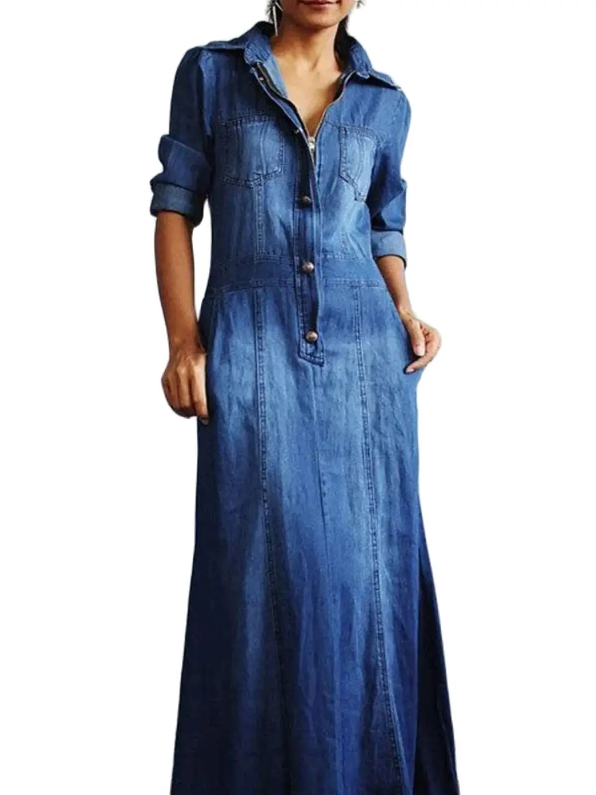 jinran Dress for Women 2024 Spring Korean Fashion Vintage Denim Dress A-line Long Sleeve Button Zipper Pocket Maxi Dress Lady Clothing