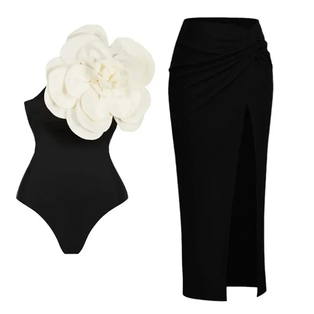 jinran 2024 New 3D Flower One Shoulder One Piece Swimsuit For Women Swimwear with Skirt Bathing Suit Monokini Beach Bodysuit Beach Wear