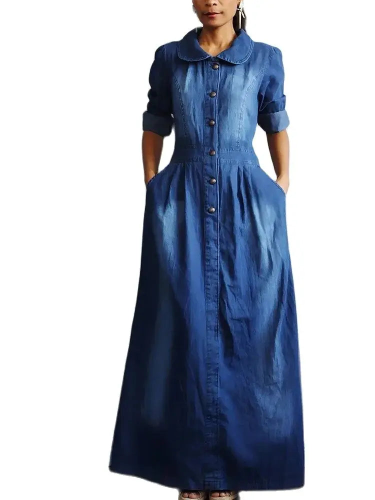 jinran Dress for Women 2024 Spring Korean Fashion Vintage Denim Dress A-line Long Sleeve Button Zipper Pocket Maxi Dress Lady Clothing