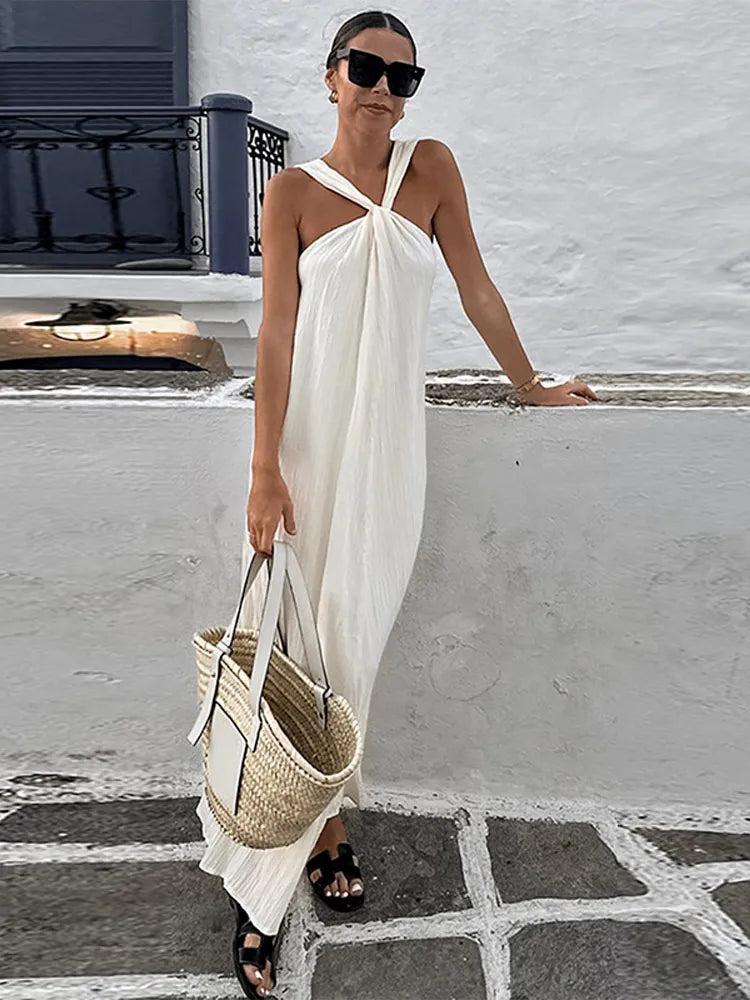 jinran Sexy White Off Shoulder Halter Pleated Maxi Dress For Women Fashion Sleeveless Loose Dresses 2024 Lady High Streetwear Vestidos