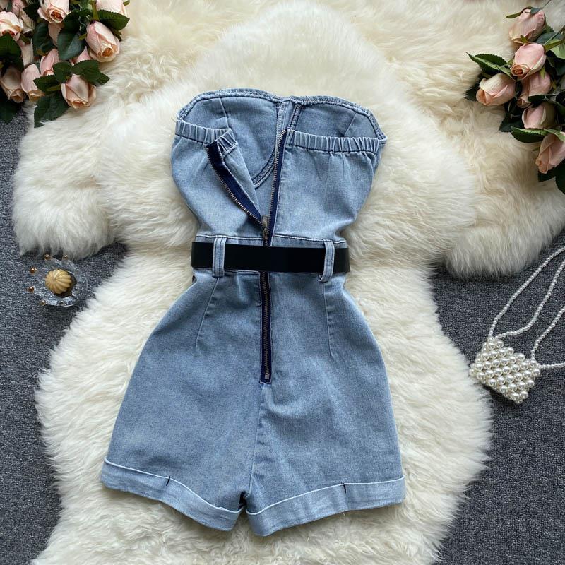 jinran Summer Rompers Women Jeans Jumpsuit off shoulder Loose Casual Denim Rompers Womens Jumpsuits Wide Leg Casual Denim Overalls