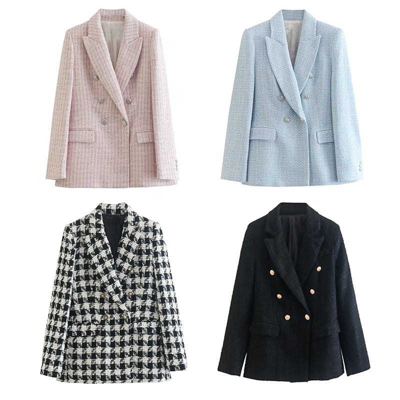jinran Women Solid Tweed Double Breasted Blazer Coat Long Sleeve Pockets Outerwear Female Spring New Tops CD8395