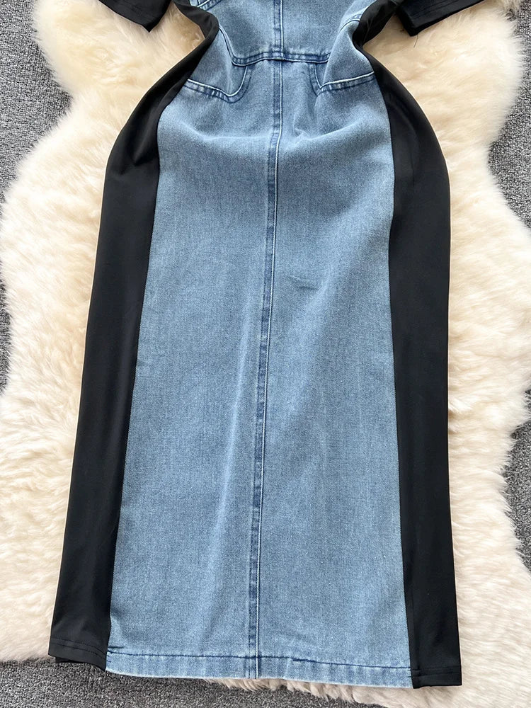 jinran Temperament Contrast Color Patchwork Denim Dress For Women Fashion Short Sleeve O-neck Dresses Female 2023 Summer 27SN4063