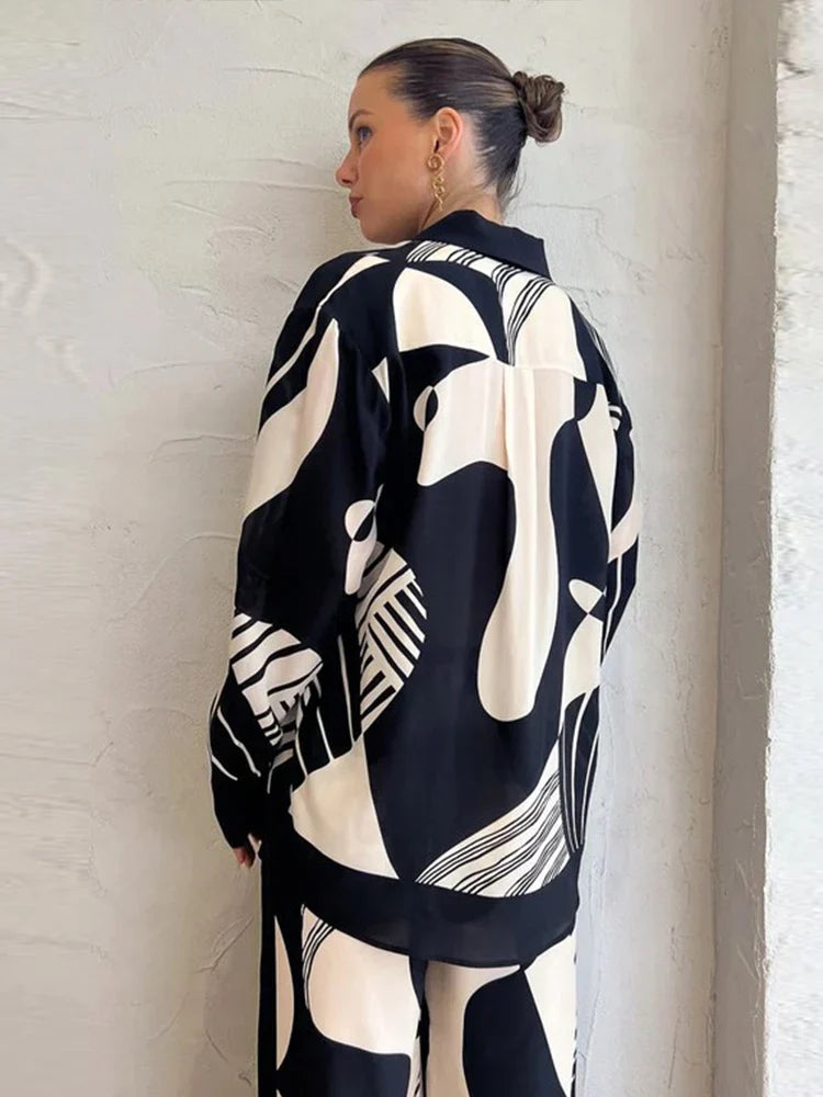 jinran Women Digital Printed Two-piece Set Chic Lapel Long Sleeved Top Loose Straight Leg Pants Suit 2024 Fashion Lady High Streetwear