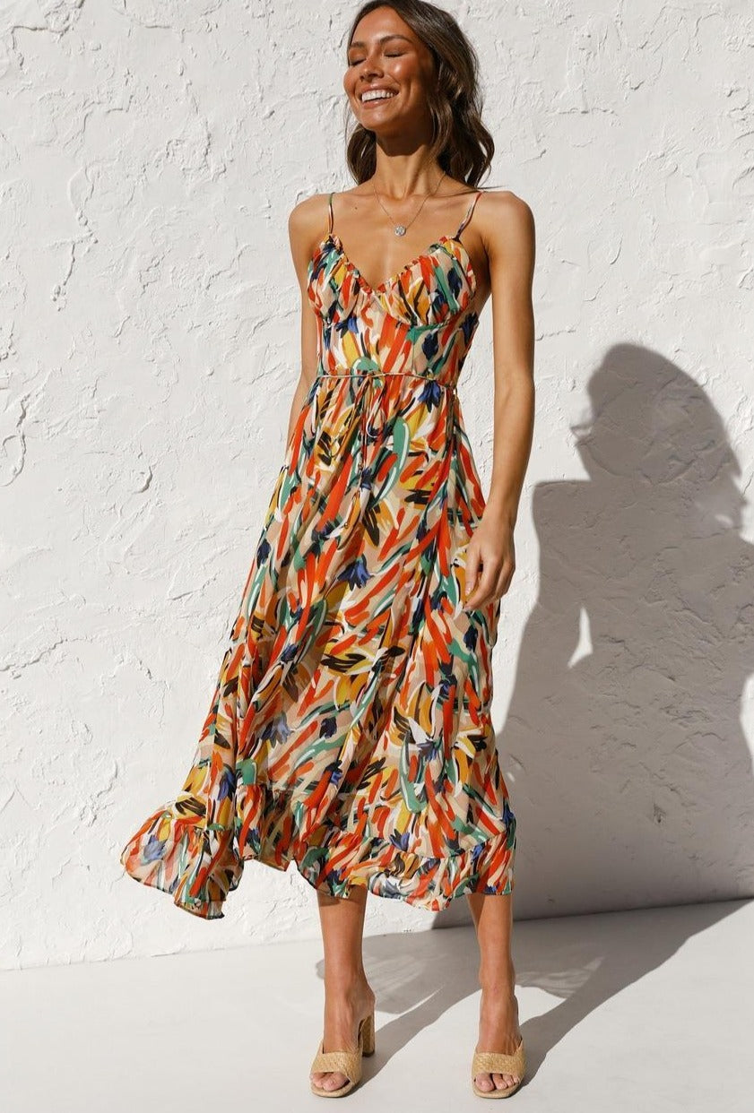 jinran Summer new women's fashion casual color print halter sleeveless deep v waist dress