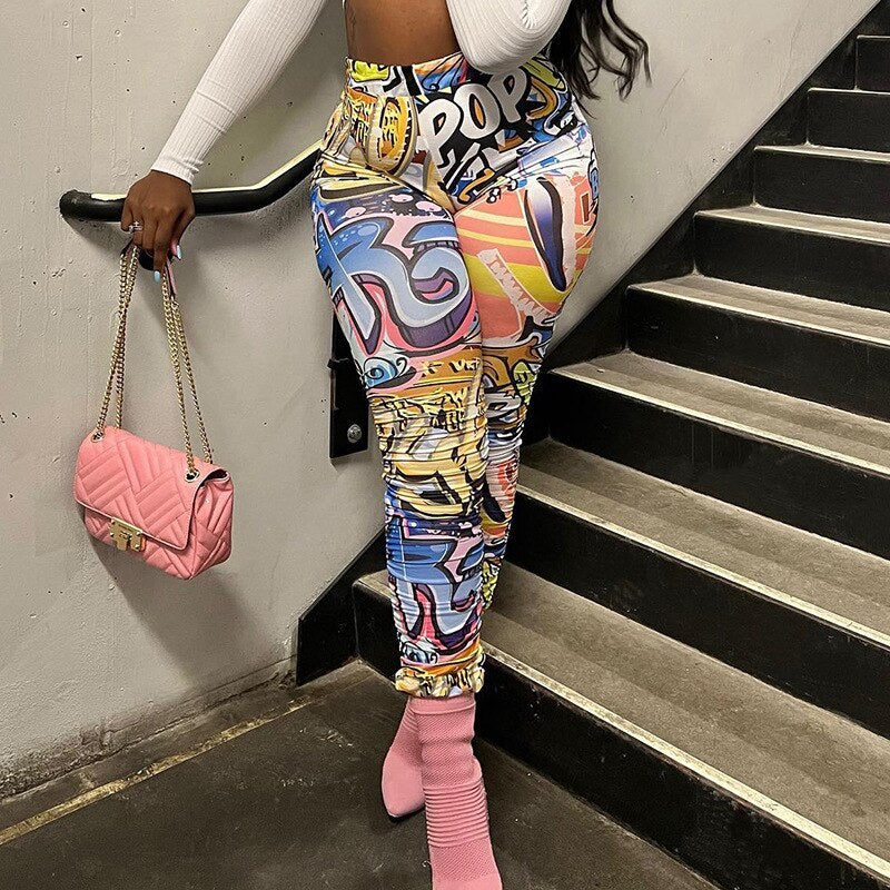 jinran Summer Women Casual Y2K Clothes Tie Dye Print Ruched Side Slit High Waist Pants Graphic Aesthetic Hip Pop Drop Shipping