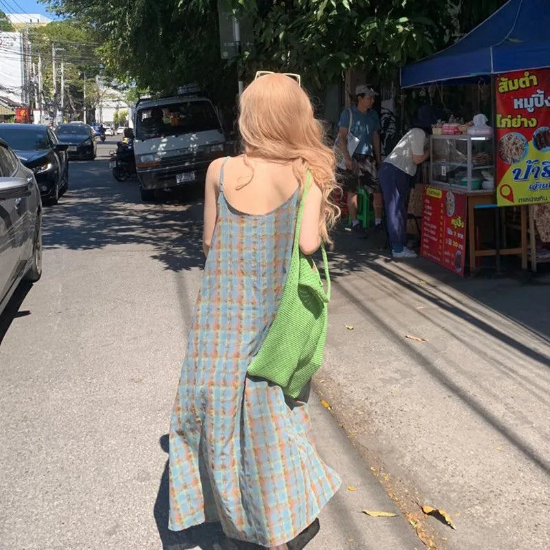 jinran 2024 New Arrival Summer Beach Style Women Loose Casual Plaid Print O-neck Sleeveless Mori Girl Camisole Ankle-length Dress V906