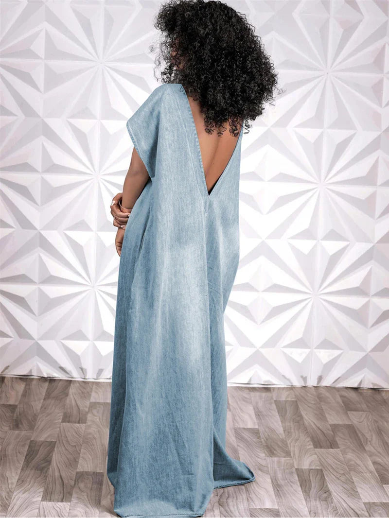 jinran Vintage Denim Dresses for Women Summer Clothing Batwing Short Sleeve V-Back Maxi Long Dress Casual Loose Jean Dress Robe Femme