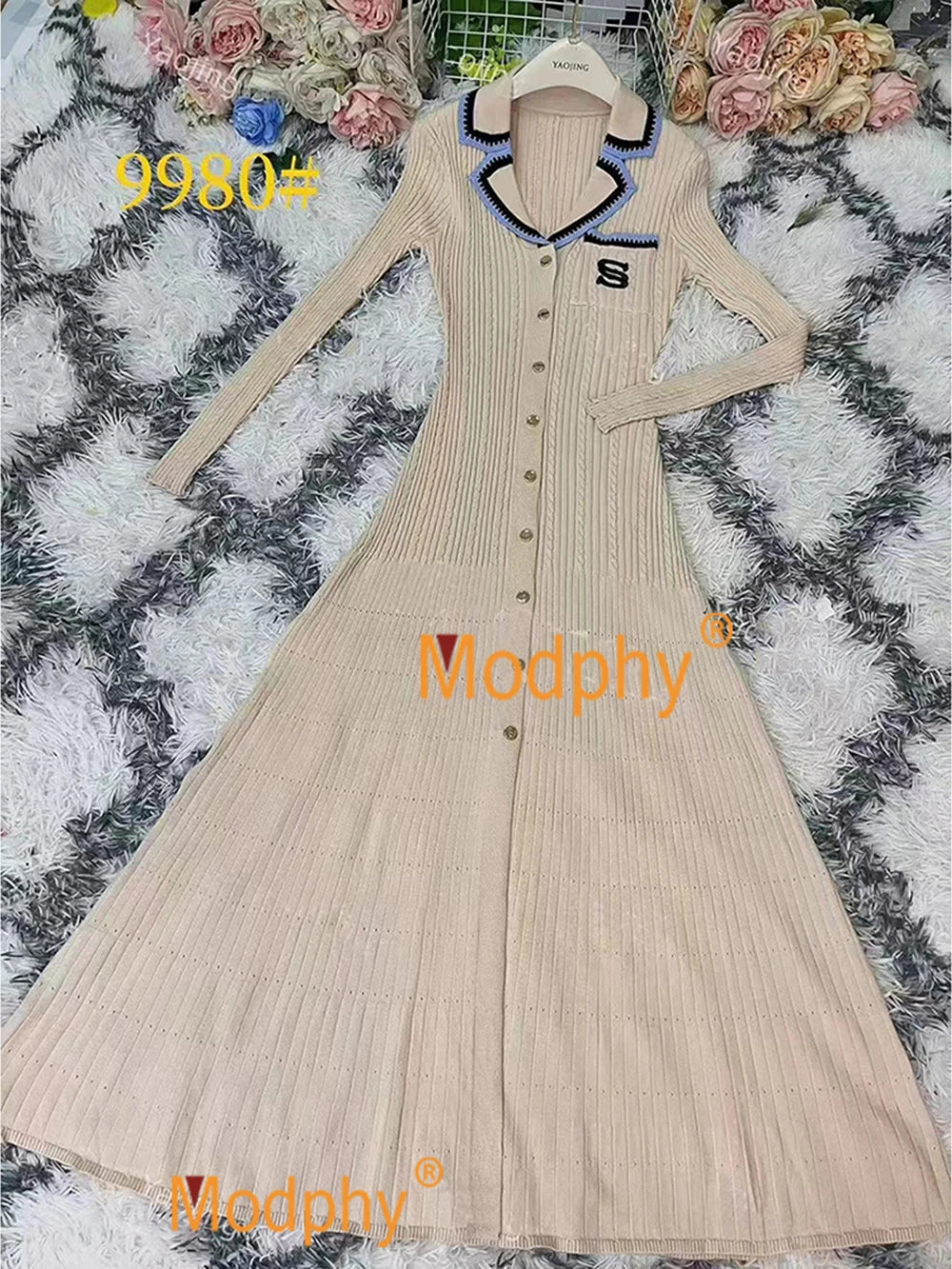 jinran 2024 Elegant Slim Knitted Long Dress Women's Letter Single Breasted Long Sleeved Designer Vintage Dresses Autumn