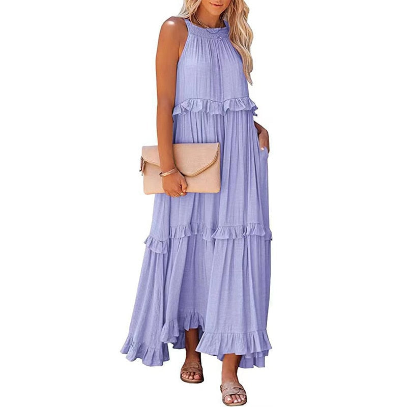 jinran Ruffles Navy Blue A-line Loose Casual Maxi Long Summer Women Dress Halter Sleeveless Robe Party Vestidos