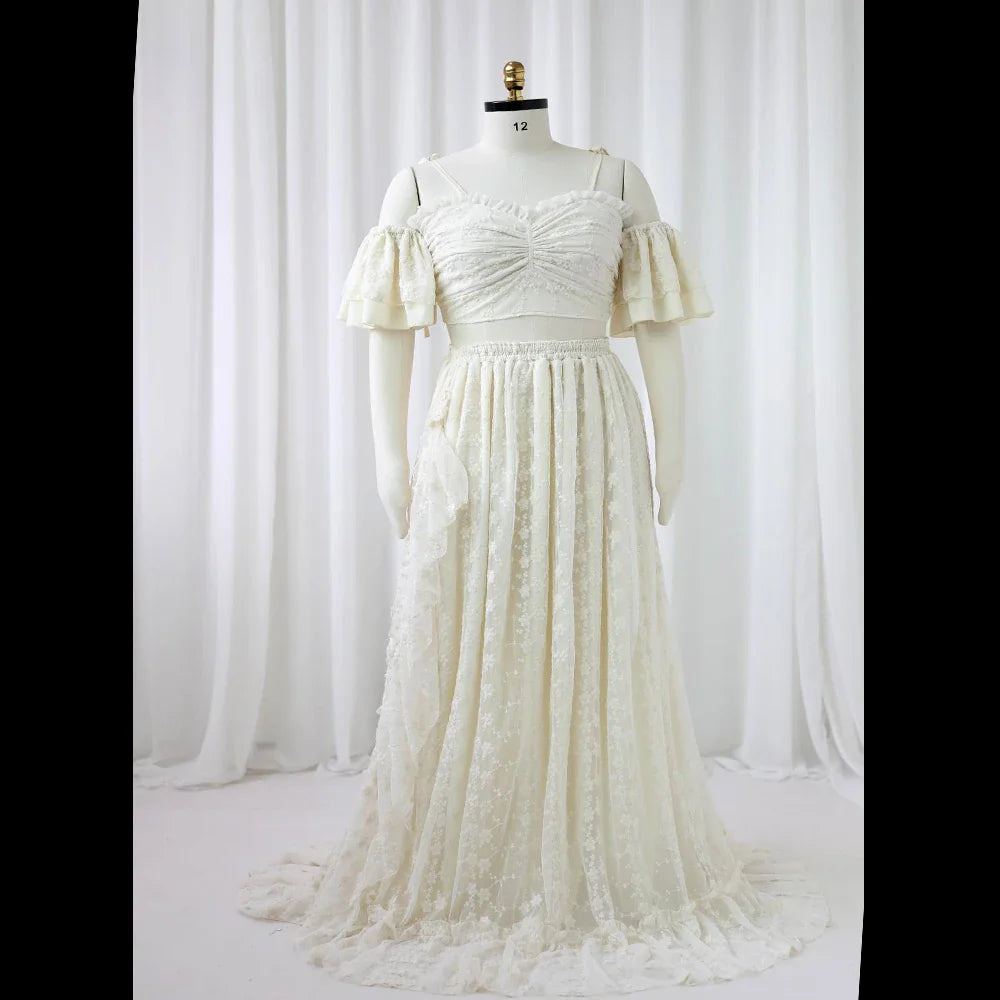 nvxiot - Beige Lace Two-Piece Suspender Photo Shoot Dress Bohemian Photo Shooting Pregnancy Dress Photography Dress For Women