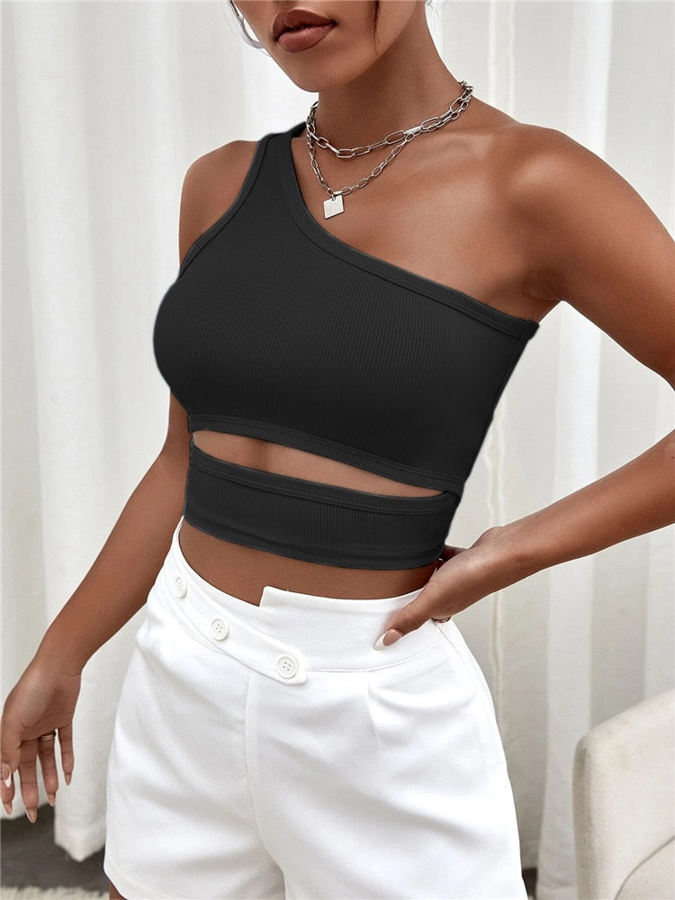 jinran Sexy Solid Cut Out One Shoulder Rib Knit Crop Top Women Summer Club High Street Style Backless Tank Top Y2K Clothes 2023