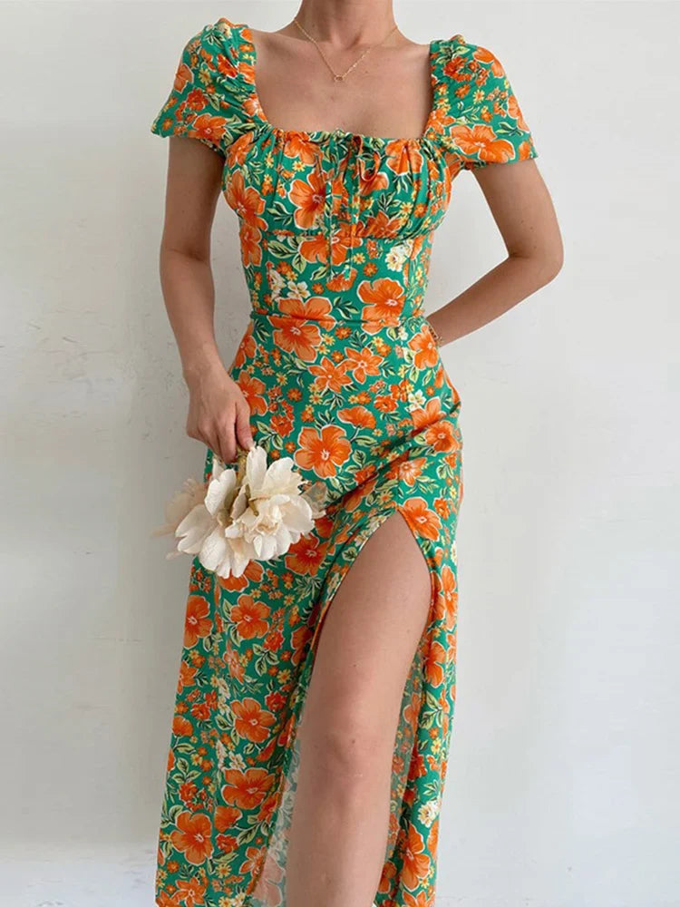jinran Sexy Floral Print Short Sleeve Hip Wrap Party Dress Elegant Off Shoulder Backless Dress New Summer Waist Slit Boho Long Dresses