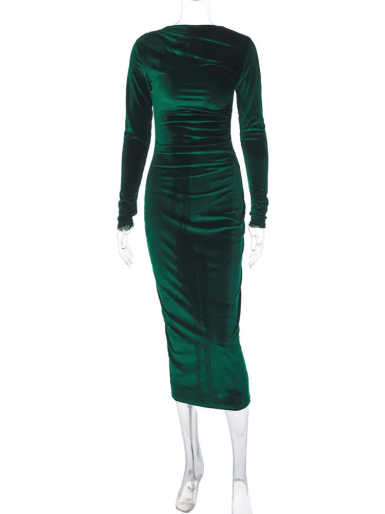 jinran Elegant Velvet Long Sleeve Sexy Maxi Dress For Women Autumn Winter New Fashion O Neck Bodycon Club Party Long Dress