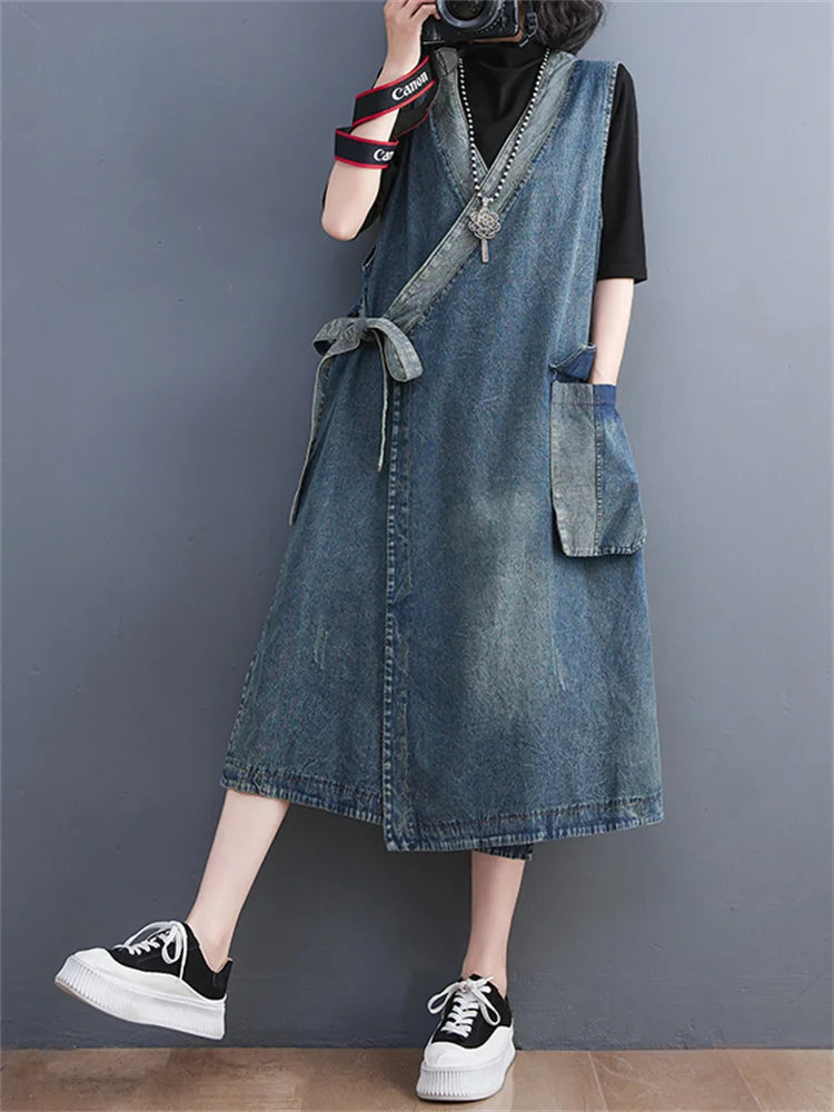 jinran Oversized Summer Fashion Vintage Loose Sleeveless Denim Dress Korea New Ladies Casual Big Size Lace Up Blue Denim Vest Dress