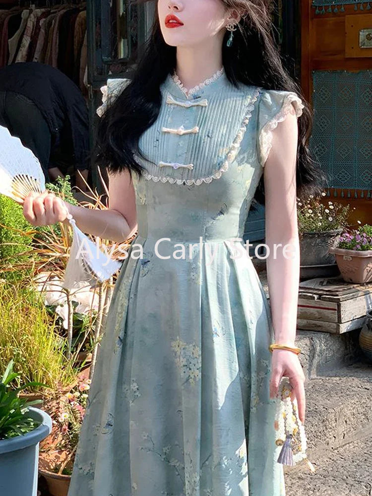 jinran Elegant Vintage Floral Slip Dress Women Ruffles Design Korean Style Long Fairy Dress Female 2024 Summer Casual Chic Party Dress