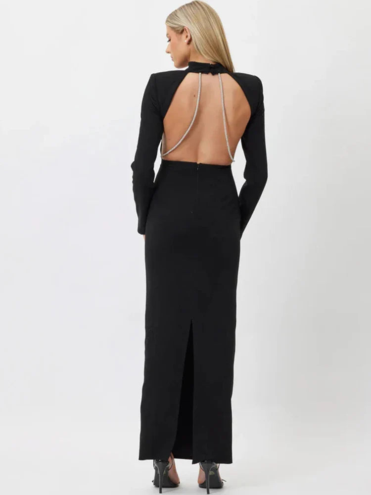 jinran Elegant Sparkle Chain Backless Maxi Dress For Women Autumn Winter New Long Sleeve Bodycon Split Long Dress 2024 New
