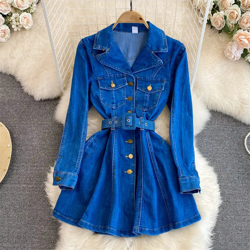 jinran 2024 Spring Autumn Retro High Quality Long Sleeve Suit Collar Double Breasted Slim A Line Denim Dress Women Shirt Jacket T1485