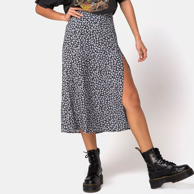 jinran Women Skirt Harajuku leopard flower printed package hip tall waist elastic Summer style mild calf a-line skirts Women XSK8110