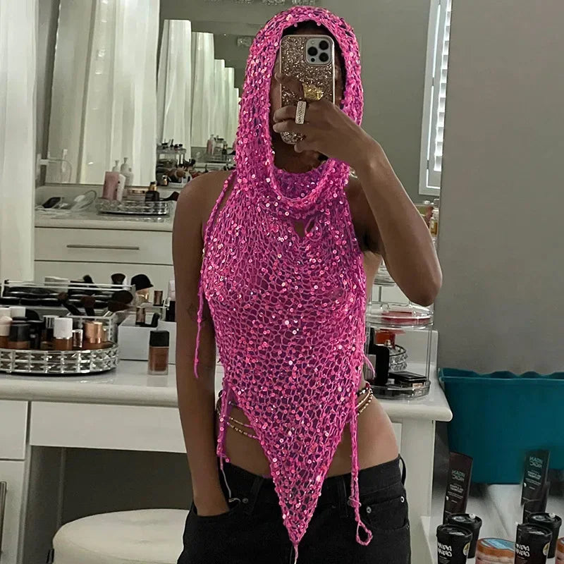 jinran Gold Sequin 2 Piece Knit Set Women Hooded Top and Shorts Trashy Y2k Streetwear Sexy Summer Rave Outfits Sets Two Piece Set