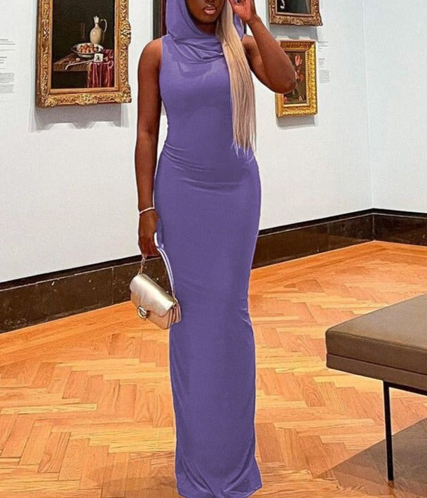 jinran Fashion Hooded Summer Sexy Y2K Clothes Sleeveless Bodycon Maxi Slit Dresses for Women Club Party Evening Streetwear