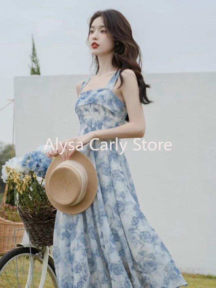 jinran Vintage Floral Two-piece Dress Women 2024 Summer Elegant Long Strap Dress Female Korean Style Beach Evening Party Fairy Dresses
