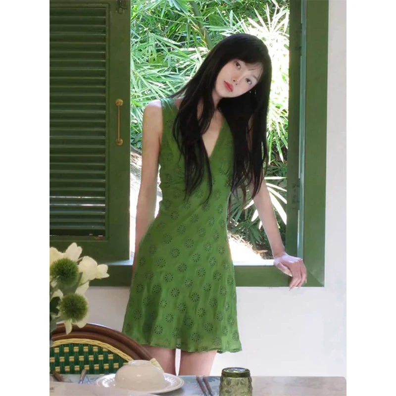 jinran Vintage Green Mini Dress Women Sexy V Neck Strap One Pieces Dresses Summer Vacation Party Bodycon Sundress Korean Vestidos New