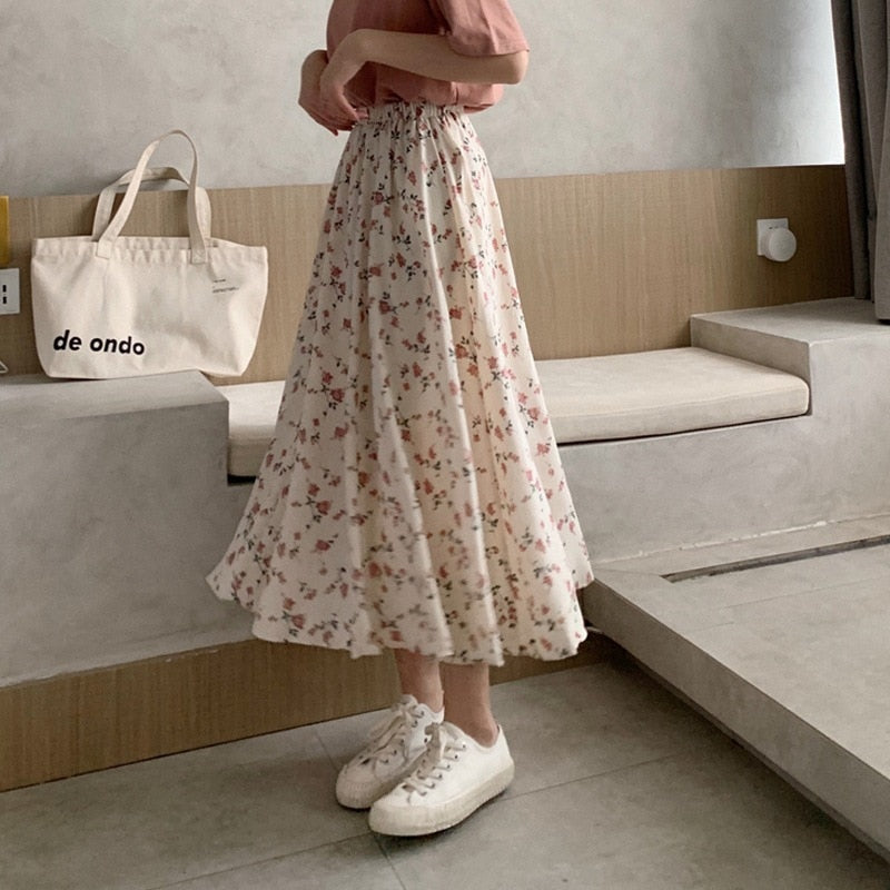 jinran Summer New Floral Print A Line Pleated Women Long Skirts 2022 Korean Fashion Elastic Waist Sweet Retro Midi Skirt Streetwear