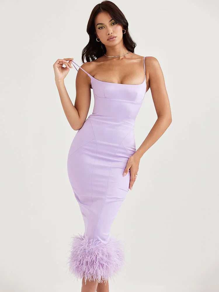 jinran Feather Tassel Spaghetti Strap Backless Long Dress Women Summer New Sleeveless Backless Bodycon Club Party Dress