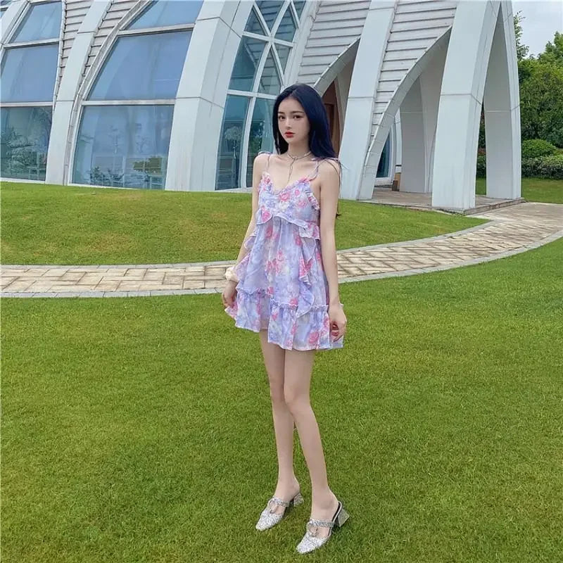 jinran Spaghetti Strap Dress Women Ruffles Sexy Japanese Sweet Princess Dress Female Beach Holiday Floral Mini Boho Dress 2024 Summer