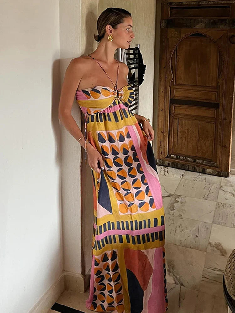 jinran Summer Printed Halter Long Dress Women Sleeveless Backless Lace Up Empire Female Dresses 2024 Holiday Lady Fashion Robes