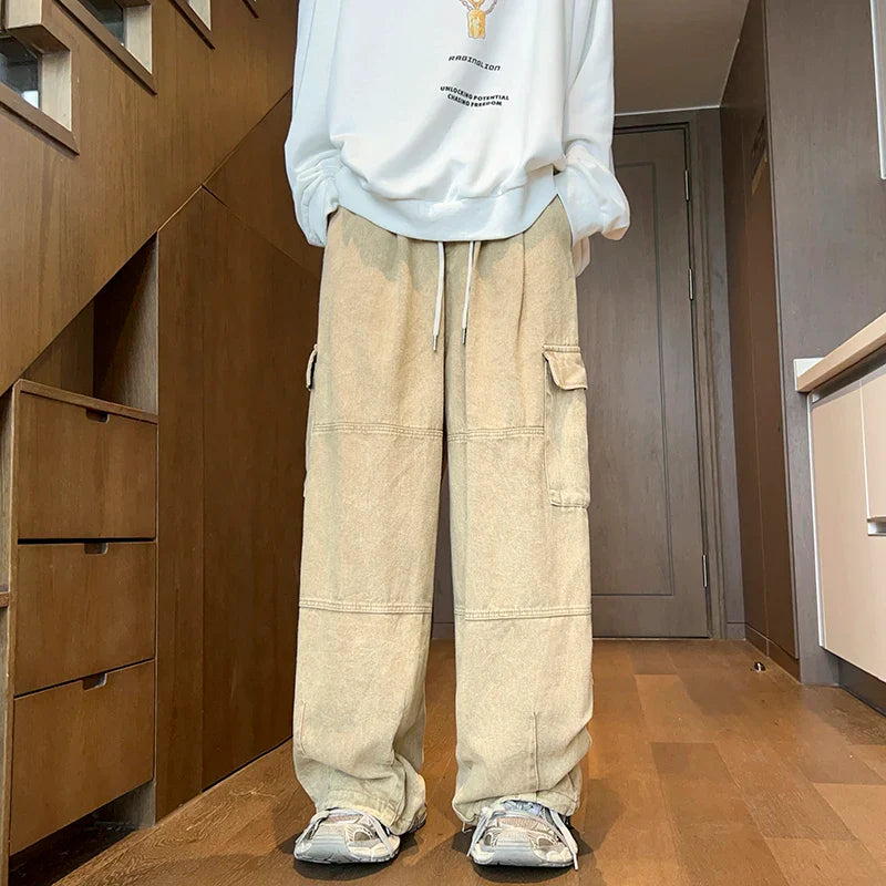 Men's Patchwork Cargo Jeans Oversized Wide Leg Trousers Men Muti-pockets Hip Hop Streetwear 90s Vintage Fashion Tooling Pants