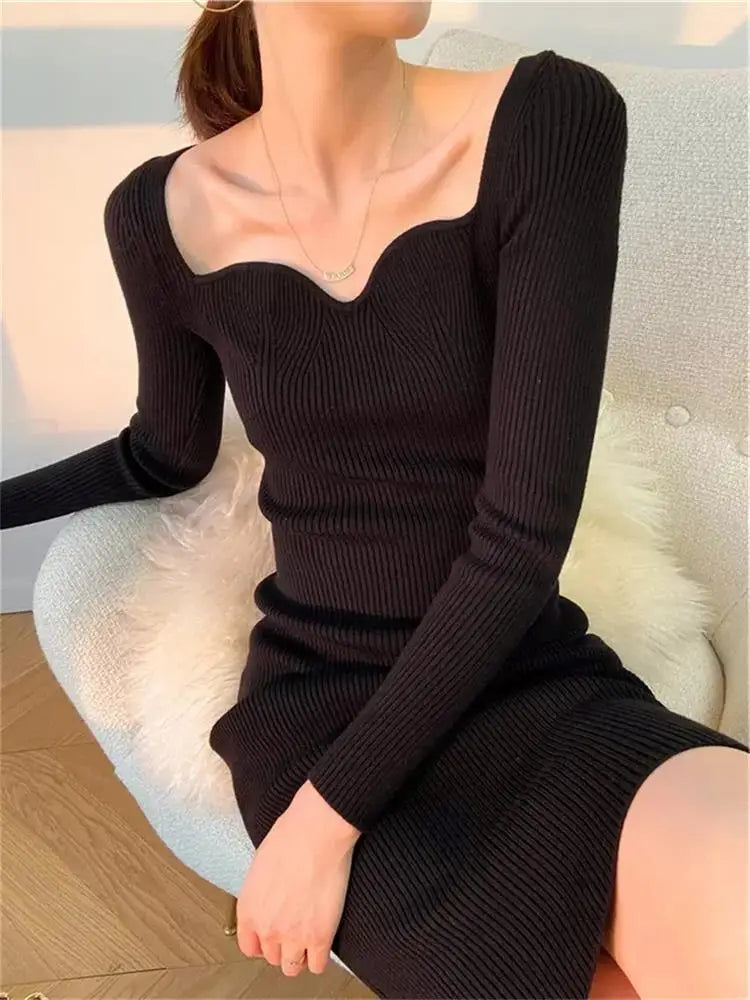 jinran Vintage Harajuku Slim Sweater Dress Women Autumn Winter Long Sleeve Bodycon Knitted Midi Dresses Party Evening Club Female