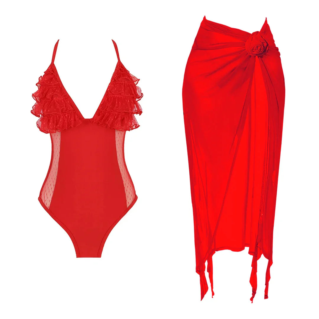 jinran 2024 One Piece Swimsuit Women Swimwear with Beach Skirt V Neck Bathing Suit Flower Beachwear Monokini Swim Summer
