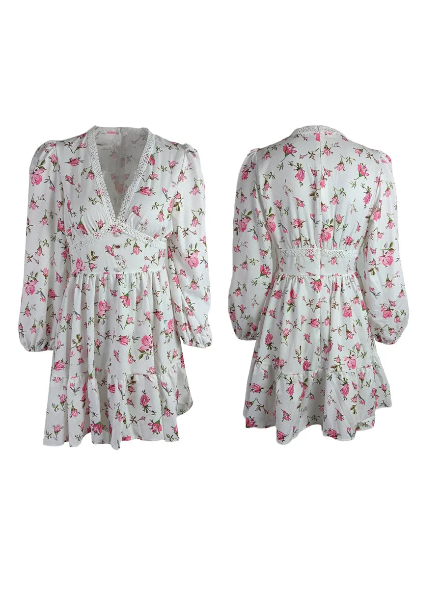 jinran Vintage Women Summer Mini Dress Long Sleeve Floral Print Ruffles V Neck High Waist A-Line Cocktail Vestidos