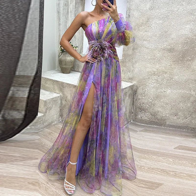 jinran Women High Waist Hollow Out Slit Dresses Party Lady Chic Patchwork Print Maxi Dress Summer Off Shoulder Long Dress New Vestido