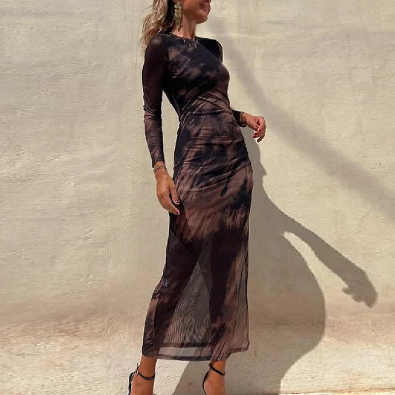 jinran Casual Streetwear Women Retro Print Dress O Neck Slim Long Sleeve Lady Office Dress Summer Holiday Party Club Ankle-Length Dress