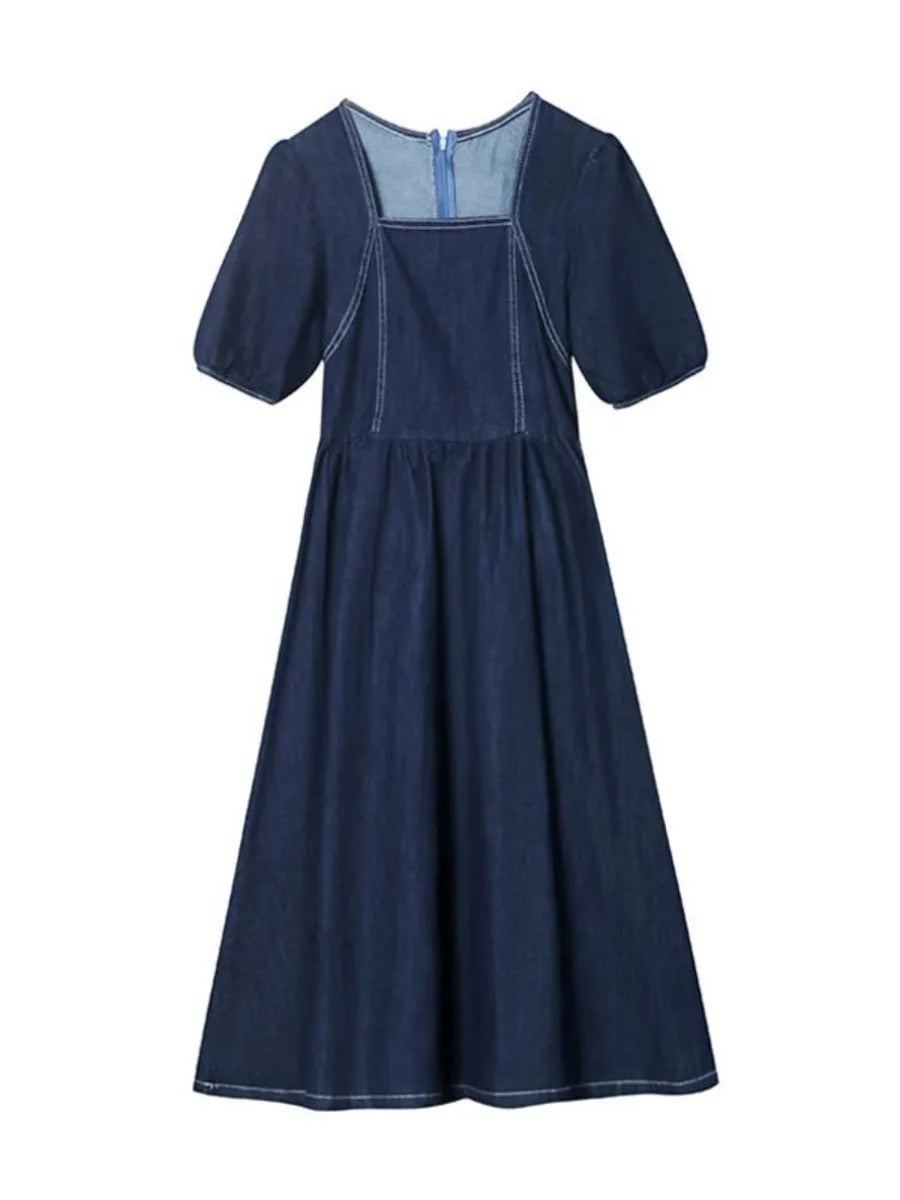 jinran Vintage Square Neck Denim Dress Women Chic Back Zipper Pleated Spliced Female Short Sleeve Dresses 2024 Summer New Vestido