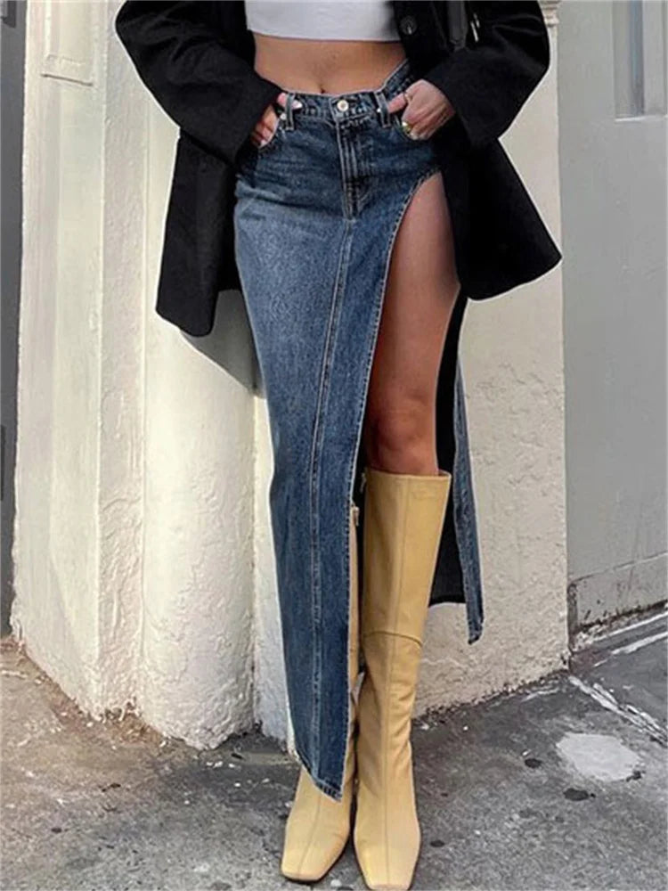 jinran 2024 Summer Split Out Denim Skirt Jeans Women Casual Long Skirt Low Waisted Jean Streetwear New Midi Pencil Skirt Y2k New